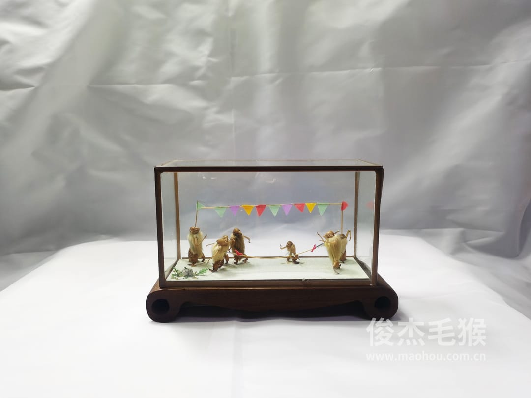 杂技咽喉顶枪_中型北京毛猴作品_红木木托+方形玻璃罩1.jpg